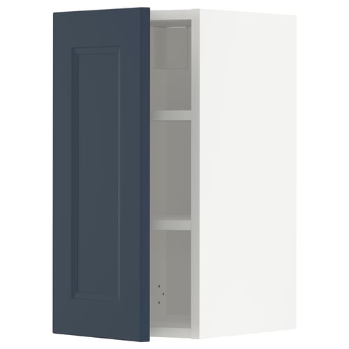Dark blue white cabinet, open door, modern design, metal hinge.