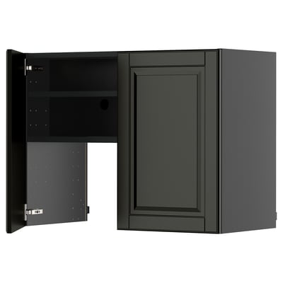 METOD Wall cb f extr hood w shlf/door, black-grey/Bodbyn black, 80x60 cm