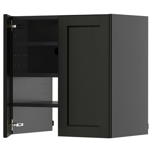 A dark-stained wooden cabinet with one door open, revealing adjustable shelves inside.