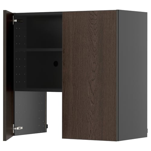 Modern black and brown kitchen cabinet with dark wood grain finish and two adjustable shelves.