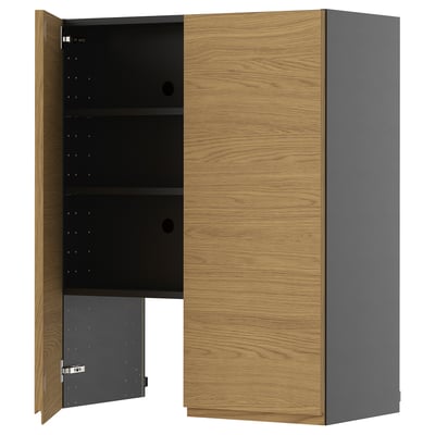 METOD Wall cb f extr hood w shlf/door, black-grey/Voxtorp oak effect, 80x100 cm