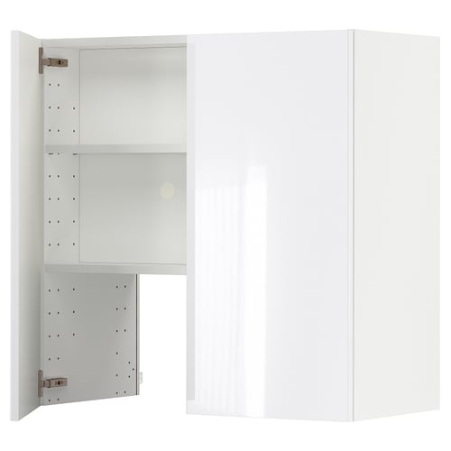 Displays a modern, high-gloss white METOD kitchen cabinet with an open door, featuring an adjustable shelf inside.