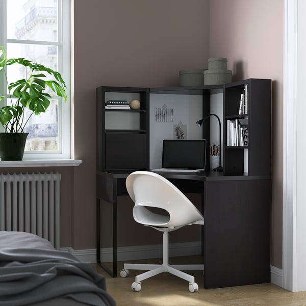MICKE Corner workstation, black-brown, 100x142 cm