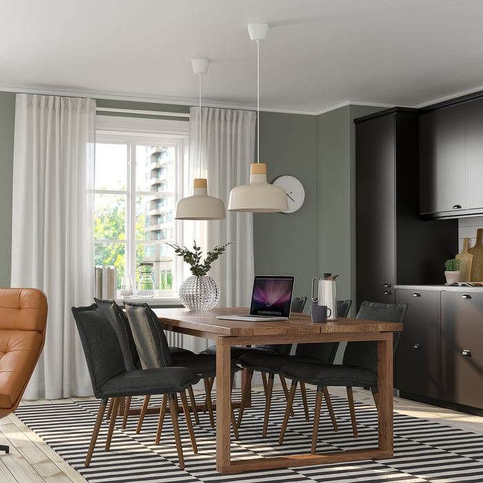 MÖRBYLÅNGA / KLINTEN table and 6 chairs, oak veneer brown stained/Kilanda dark grey, 220x100 cm