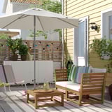NÄMMARÖ 2-seat modular sofa, outdoor, armrests light brown stained/Kuddarna beige