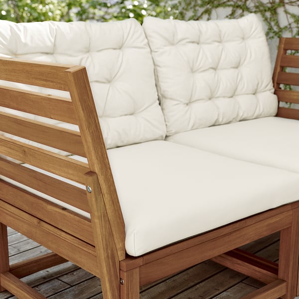 NÄMMARÖ 2-seat modular sofa, outdoor, armrests light brown stained/Kuddarna beige