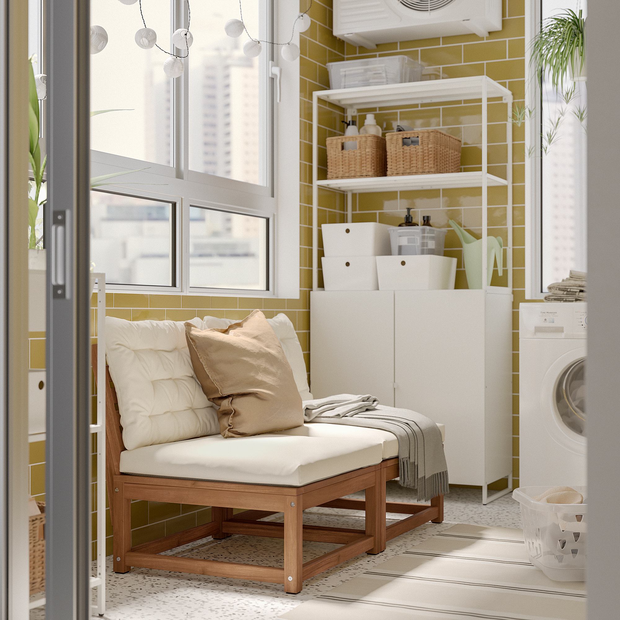 NÄMMARÖ 2-seat modular sofa, outdoor, light brown stained/Kuddarna beige
