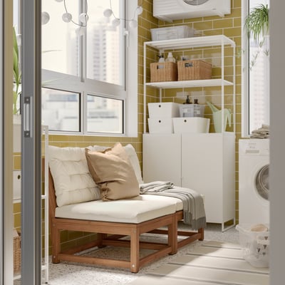 NÄMMARÖ 2-seat modular sofa, outdoor, light brown stained/Kuddarna beige