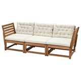 NÄMMARÖ 3-seat modular sofa, outdoor, armrests light brown stained/Kuddarna beige