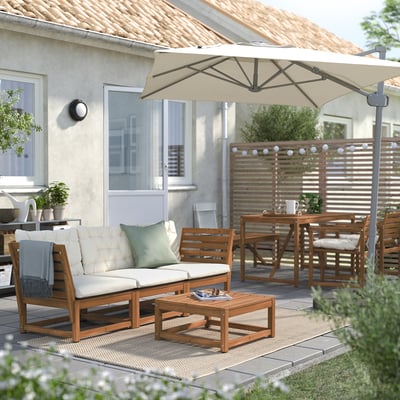 NÄMMARÖ 3-seat modular sofa, outdoor, armrests light brown stained/Kuddarna beige