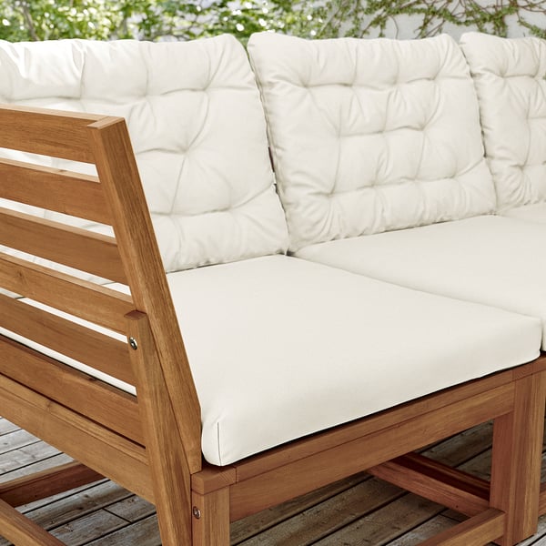 NÄMMARÖ 3-seat modular sofa, outdoor, armrests light brown stained/Kuddarna beige