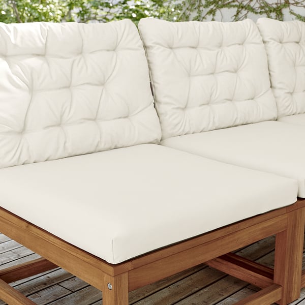 NÄMMARÖ 3-seat modular sofa, outdoor, light brown stained/Kuddarna beige