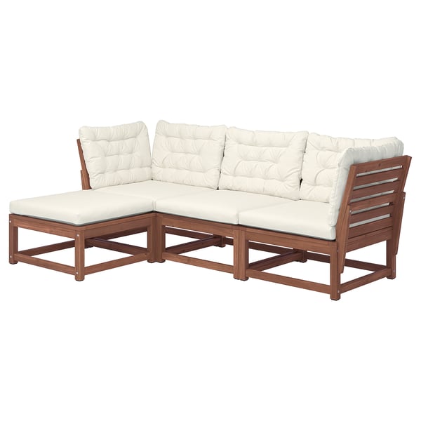 NÄMMARÖ 3-seat modular sofa, outdoor, with footstool light brown stained/Kuddarna beige
