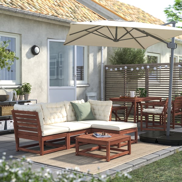 NÄMMARÖ 3-seat modular sofa, outdoor, with footstool light brown stained/Kuddarna beige