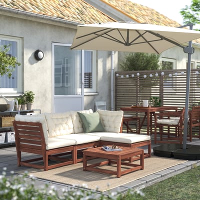 NÄMMARÖ 3-seat modular sofa, outdoor, with footstool light brown stained/Kuddarna beige