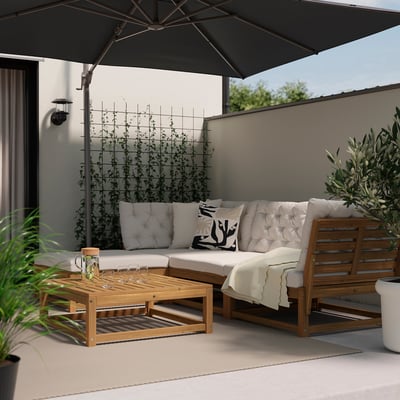 NÄMMARÖ 3-seat sofa, outdoor with footstool/light brown stained Kuddarna light grey-beige, 264 cm