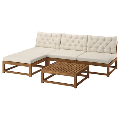 NÄMMARÖ 3-seat sofa with chaise longue, outdoor light brown stained/Kuddarna light grey-beige, 243 cm