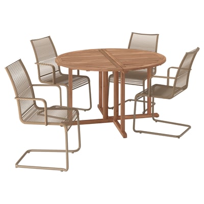 Round outdoor dining set with 4 smooth beige chairs and a wooden table.