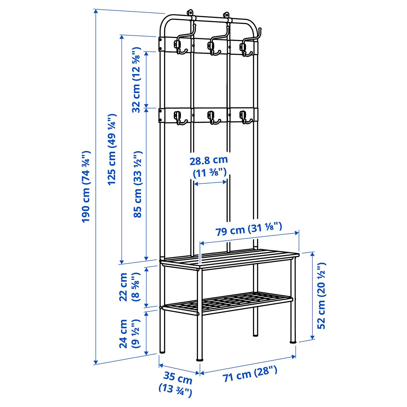 NIPÅSEN coat rack and bench w shoe storage, black, 190x35x79 cm