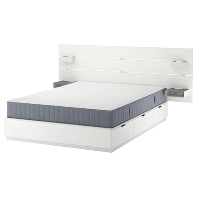 NORDLI Bed frame with storage and mattress, with headboard white/Valevåg firm, Standard Double