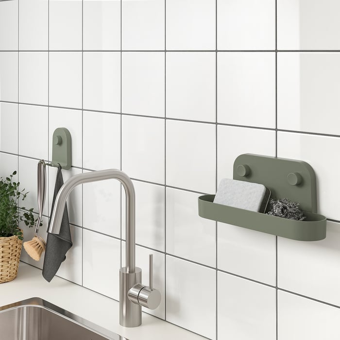ÖBONÄS wall shelf with suction cup, greygreen, 28 cm IKEA
