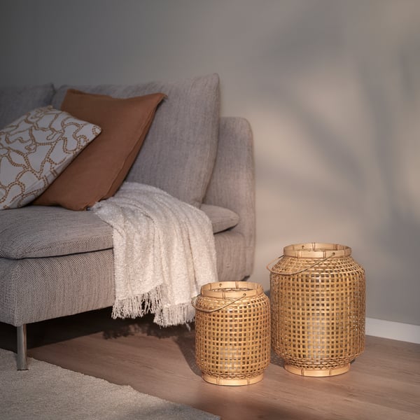 PÅVEFINK Lantern for pillar candle, bamboo, 25 cm