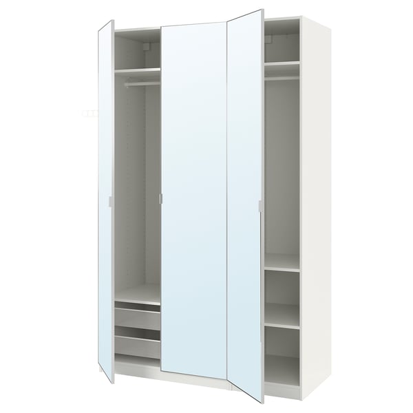 A white ikea PAX wardrobe with mirrored doors, featuring shelves and a drawer inside.