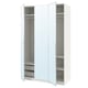 A white ikea PAX wardrobe with mirrored doors, featuring shelves and a drawer inside.