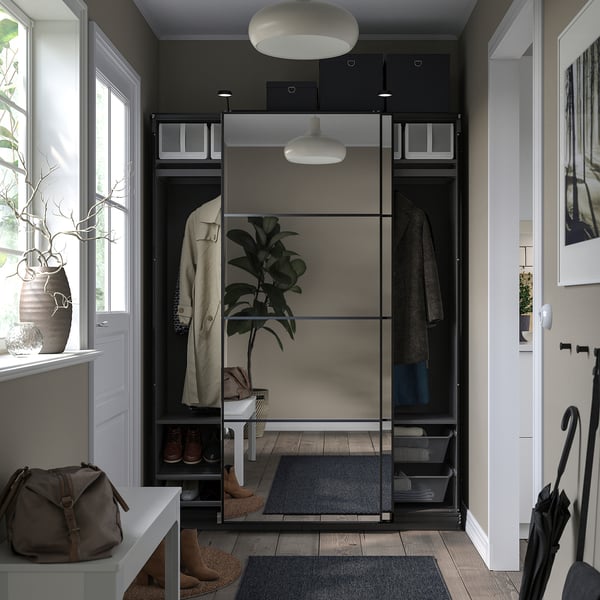 PAX / AULI Wardrobe with sliding doors, dark grey/mirror glass, 150x43x201 cm