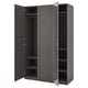 An open gray ikea PAX wardrobe with shelves and hangers inside.