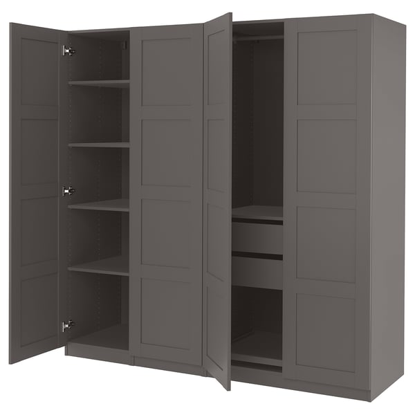Dark grey PAX wardrobe, open showing shelves; modern, rectangular, panel design.