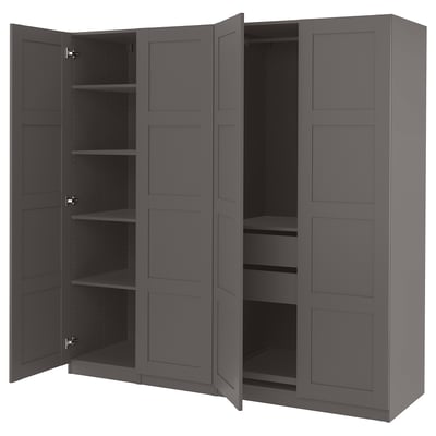 Dark grey PAX wardrobe, open showing shelves; modern, rectangular, panel design.