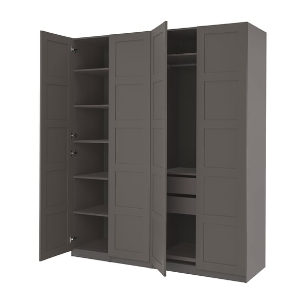 An open grey PAX wardrobe, showcasing multiple shelves and drawers for storage.