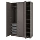An open grey PAX wardrobe with shelves and mesh baskets.