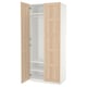 Ikea PAX wardrobe, white with light oak doors, standing open showing shelves.