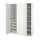 White PAX wardrobe, open display with mesh baskets, shelves, and hanging rail, modern design.