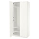 White PAX wardrobe, minimalist design, three compartments, hanging rail, two shelves, soft-close doors.