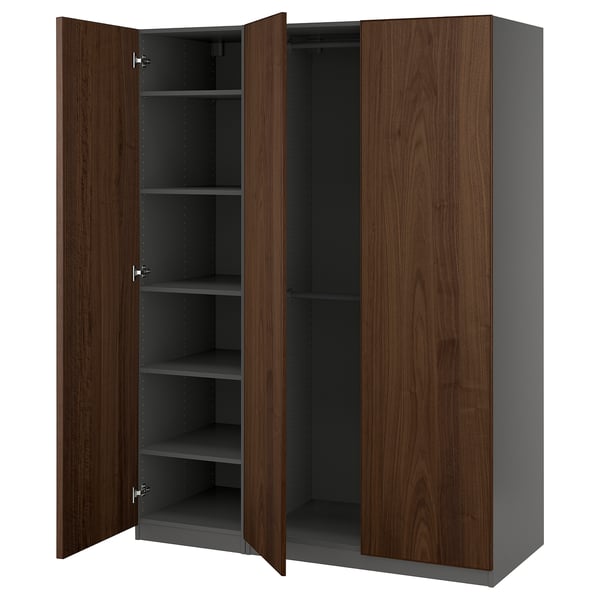 PAX / BJÖRNESKOGEN Wardrobe combination, dark grey/walnut veneer, 150x58x201 cm
