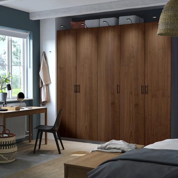 PAX / BJÖRNESKOGEN Wardrobe combination, dark grey/walnut veneer, 250x60x236 cm