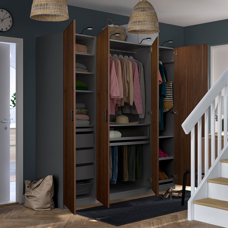 PAX / BJÖRNESKOGEN wardrobe combination, dark grey/walnut veneer ...