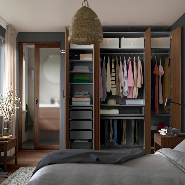 PAX / BJÖRNESKOGEN Wardrobe combination, dark grey/walnut veneer, 200x60x236 cm