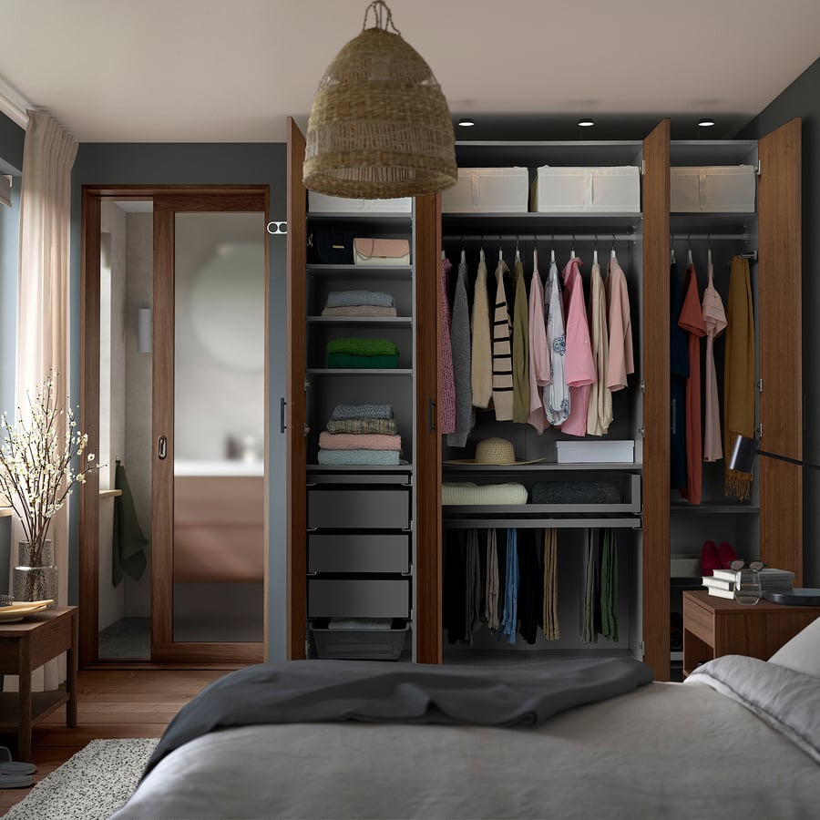 PAX / BJÖRNESKOGEN wardrobe combination, dark grey/walnut veneer ...