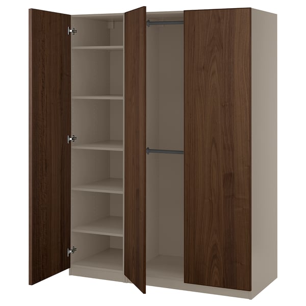 PAX / BJÖRNESKOGEN Wardrobe combination, grey-beige/walnut veneer, 150x58x201 cm