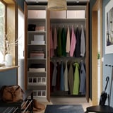 PAX / BJÖRNESKOGEN Wardrobe combination, grey-beige/walnut veneer, 150x58x236 cm