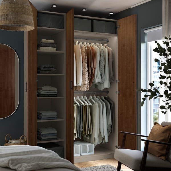 PAX / BJÖRNESKOGEN Wardrobe combination, grey-beige/walnut veneer, 150x58x236 cm
