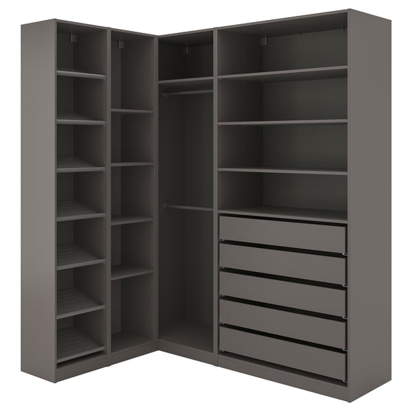 PAX: dark grey, l-shaped wardrobe with shelves and drawers for efficient corner use.