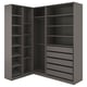 PAX: dark grey, l-shaped wardrobe with shelves and drawers for efficient corner use.