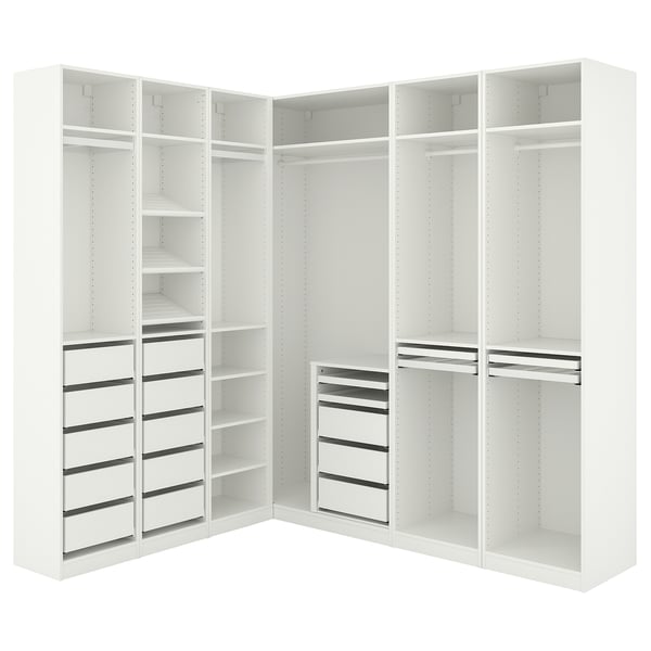 White PAX wardrobe, large corner unit with shelves and drawers. Modern, minimalistic design, particleboard, steel.