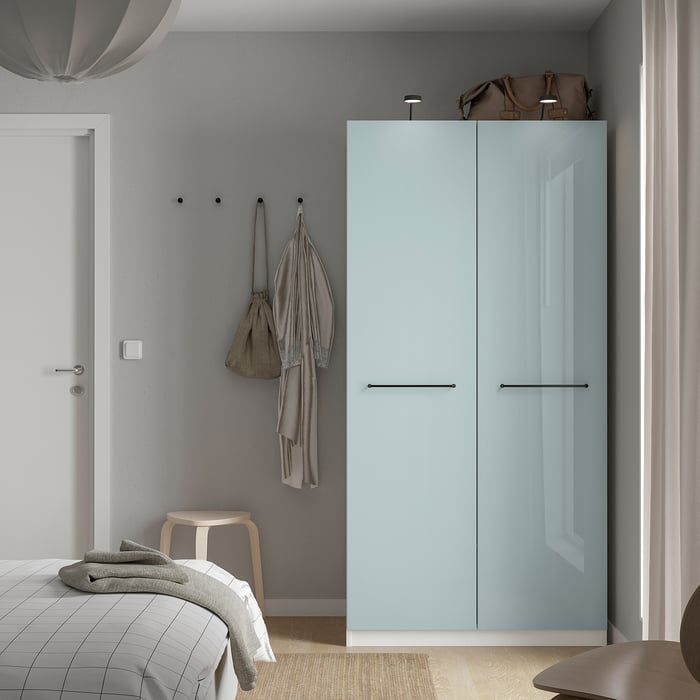 PAX / FARDAL wardrobe, white/highgloss/light greyblue, 100x60x201 cm