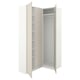 An off-white IKEA PAX wardrobe with open doors revealing shelves and a clothes rod.